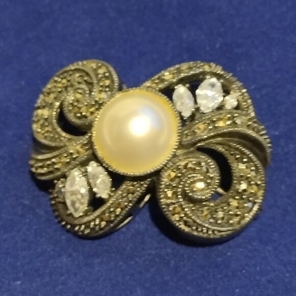 🎬Judith Jack Marcasite Sterling Silver Pearl Brooch - Picture 2 of 8